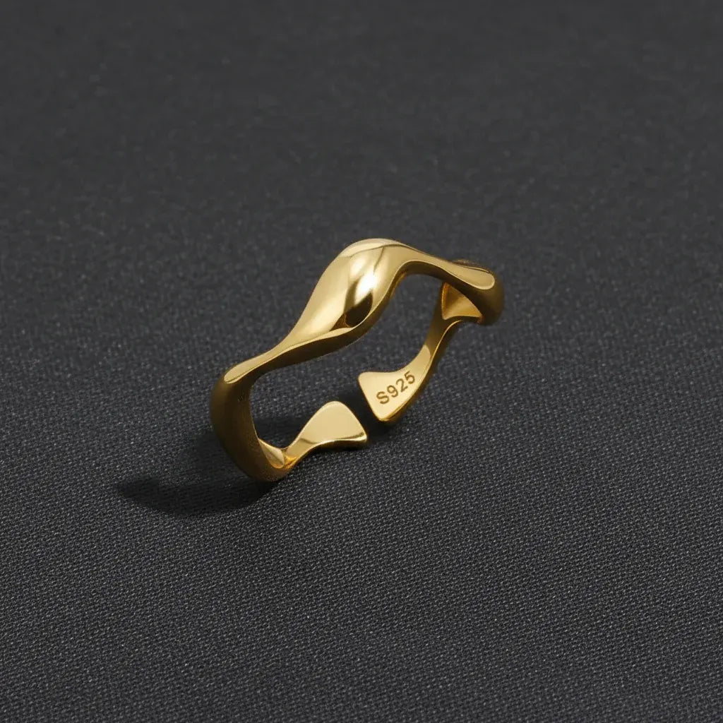 Adjustable Sterling Silver Ring with Gold Ocean-Inspired Minimalist Design