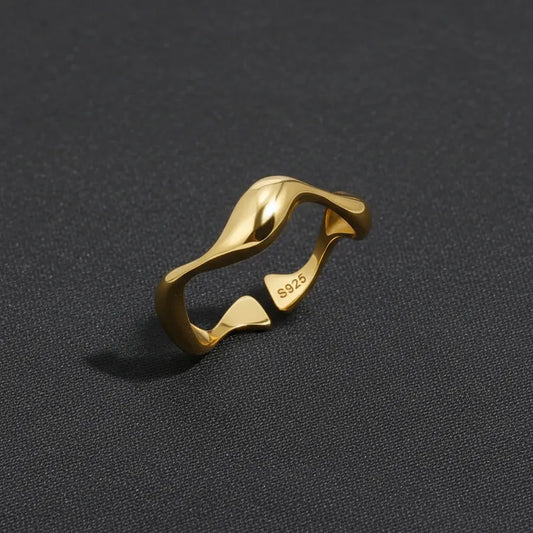 Adjustable Sterling Silver Ring with Gold Ocean-Inspired Minimalist Design