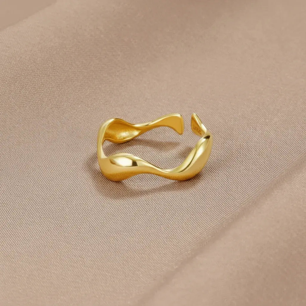 Adjustable Sterling Silver Ring with Gold Ocean-Inspired Minimalist Design