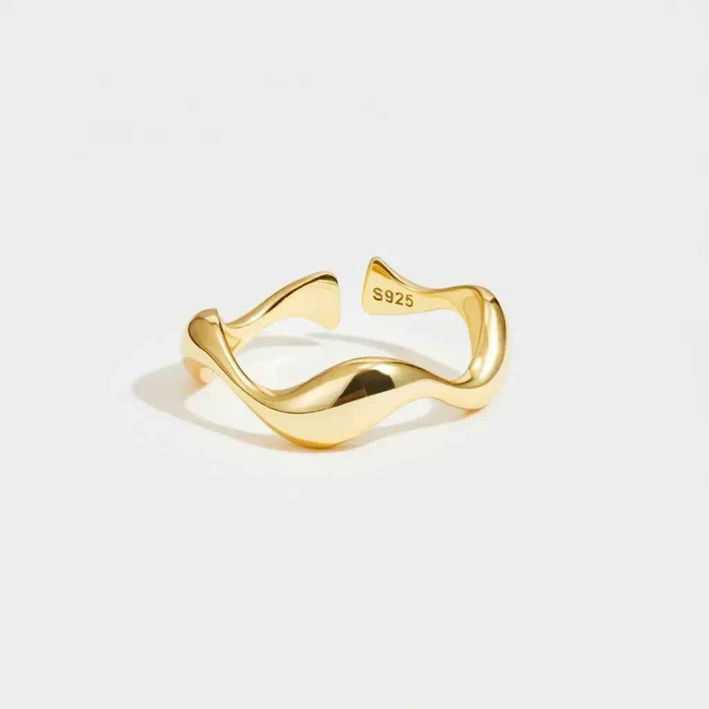 Adjustable Sterling Silver Ring with Gold Ocean-Inspired Minimalist Design