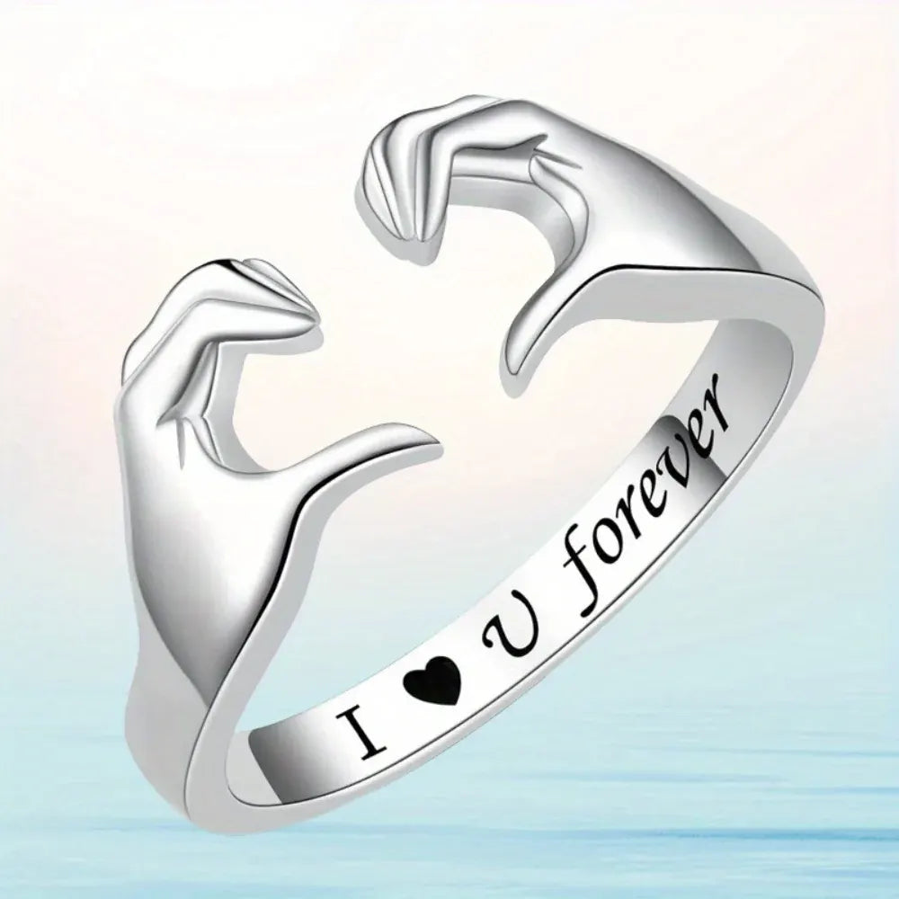 Adjustable White Gold Plated Zinc Alloy Hug Love Ring Band