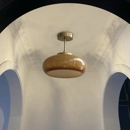 Antique Brass Semi-Flush Mount Ceiling Fixture with Yellow Glass Shade
