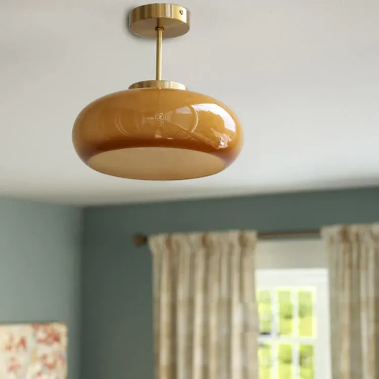 Antique Brass Semi-Flush Mount Ceiling Fixture with Yellow Glass Shade