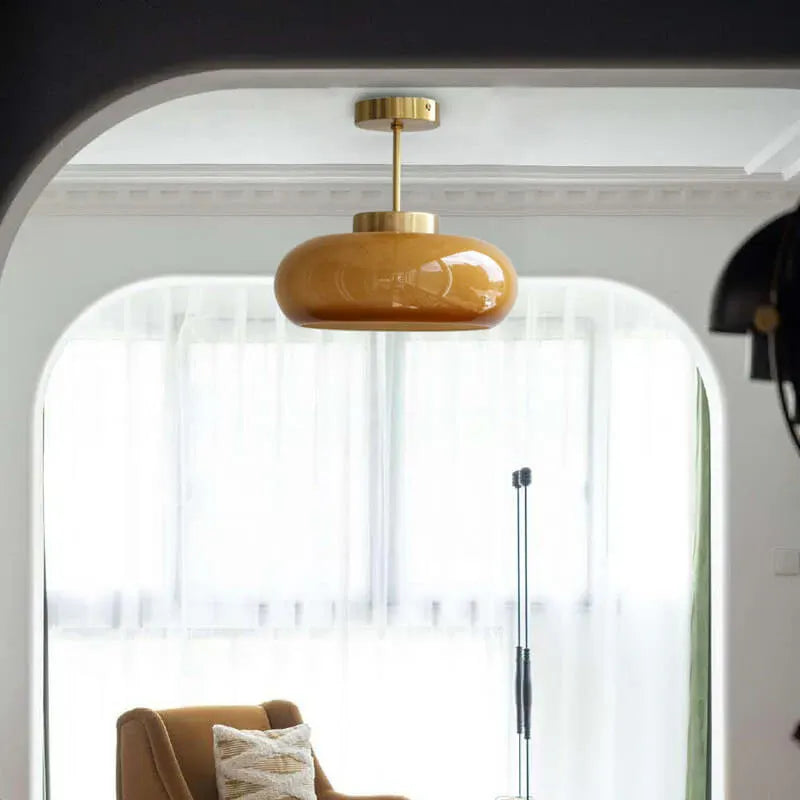Antique Brass Semi-Flush Mount Ceiling Fixture with Yellow Glass Shade