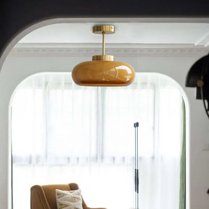 Antique Brass Semi-Flush Mount Ceiling Fixture with Yellow Glass Shade