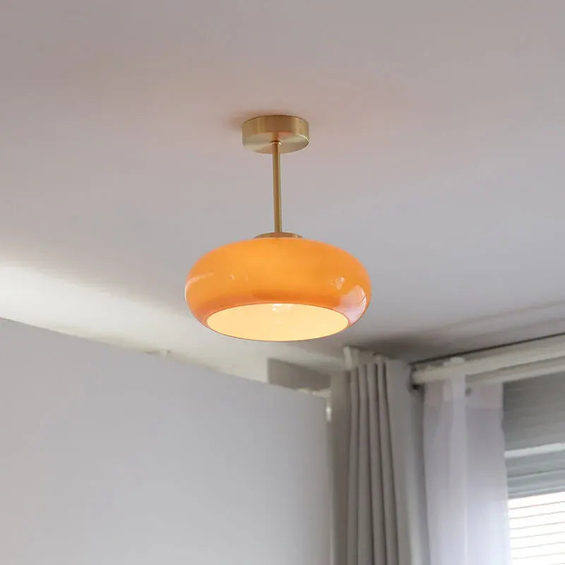 Antique Brass Semi-Flush Mount Ceiling Fixture with Yellow Glass Shade