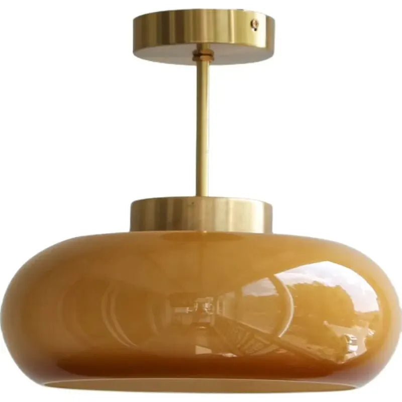 Antique Brass Semi-Flush Mount Ceiling Fixture with Yellow Glass Shade