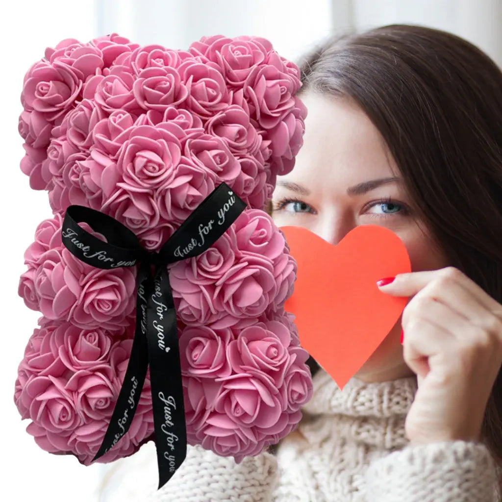 Artificial Rose Flower Teddy Bear Decoration – Mother's Day Gift