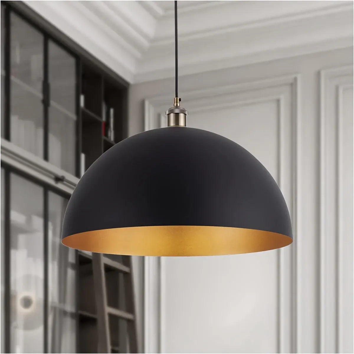 Black & Gold Iron Dome Pendant Light, Vintage Industrial Style