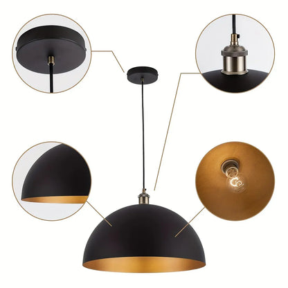 Black & Gold Iron Dome Pendant Light, Vintage Industrial Style