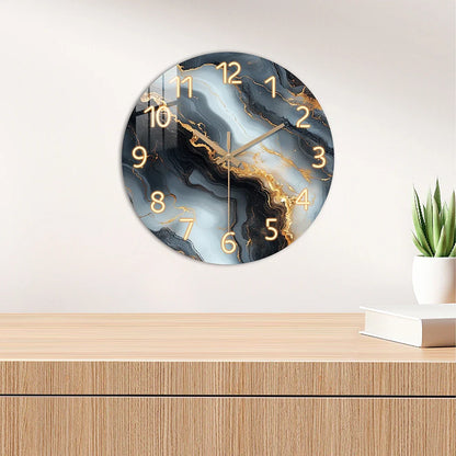 Blue & Gold Marble-Print Wall Clock with Silent Wooden Frame