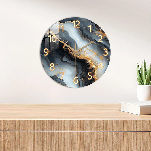 Blue & Gold Marble-Print Wall Clock with Silent Wooden Frame