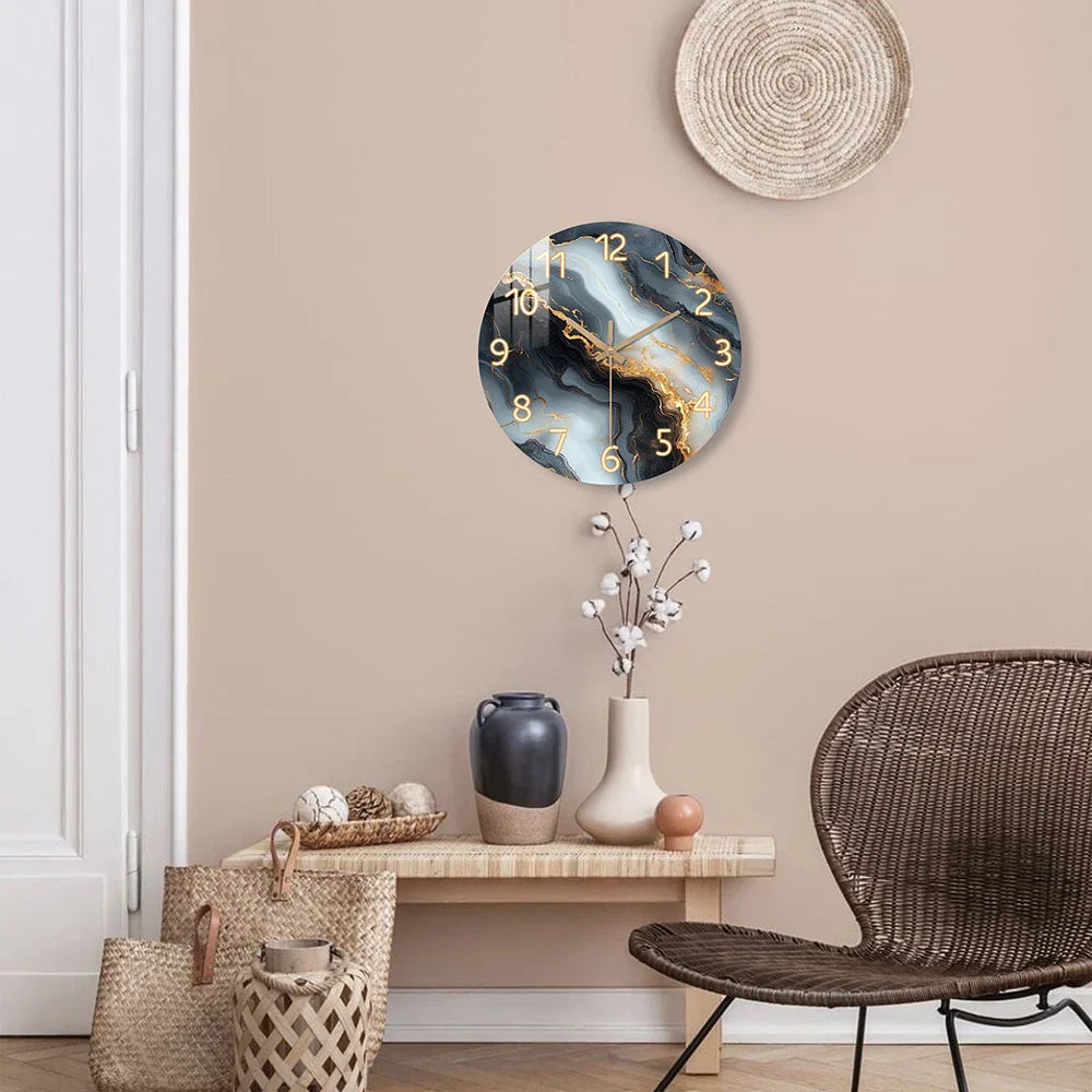 Blue & Gold Marble-Print Wall Clock with Silent Wooden Frame