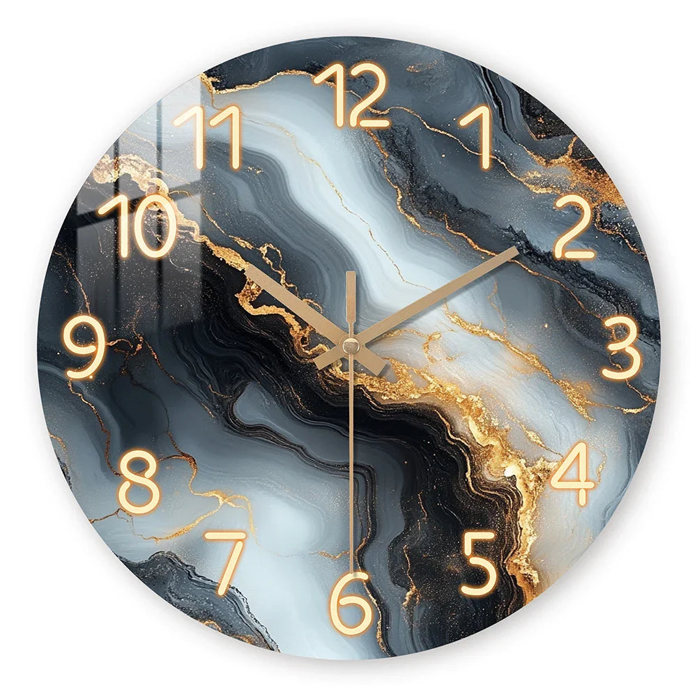 Blue & Gold Marble-Print Wall Clock with Silent Wooden Frame