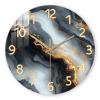 Blue & Gold Marble-Print Wall Clock with Silent Wooden Frame