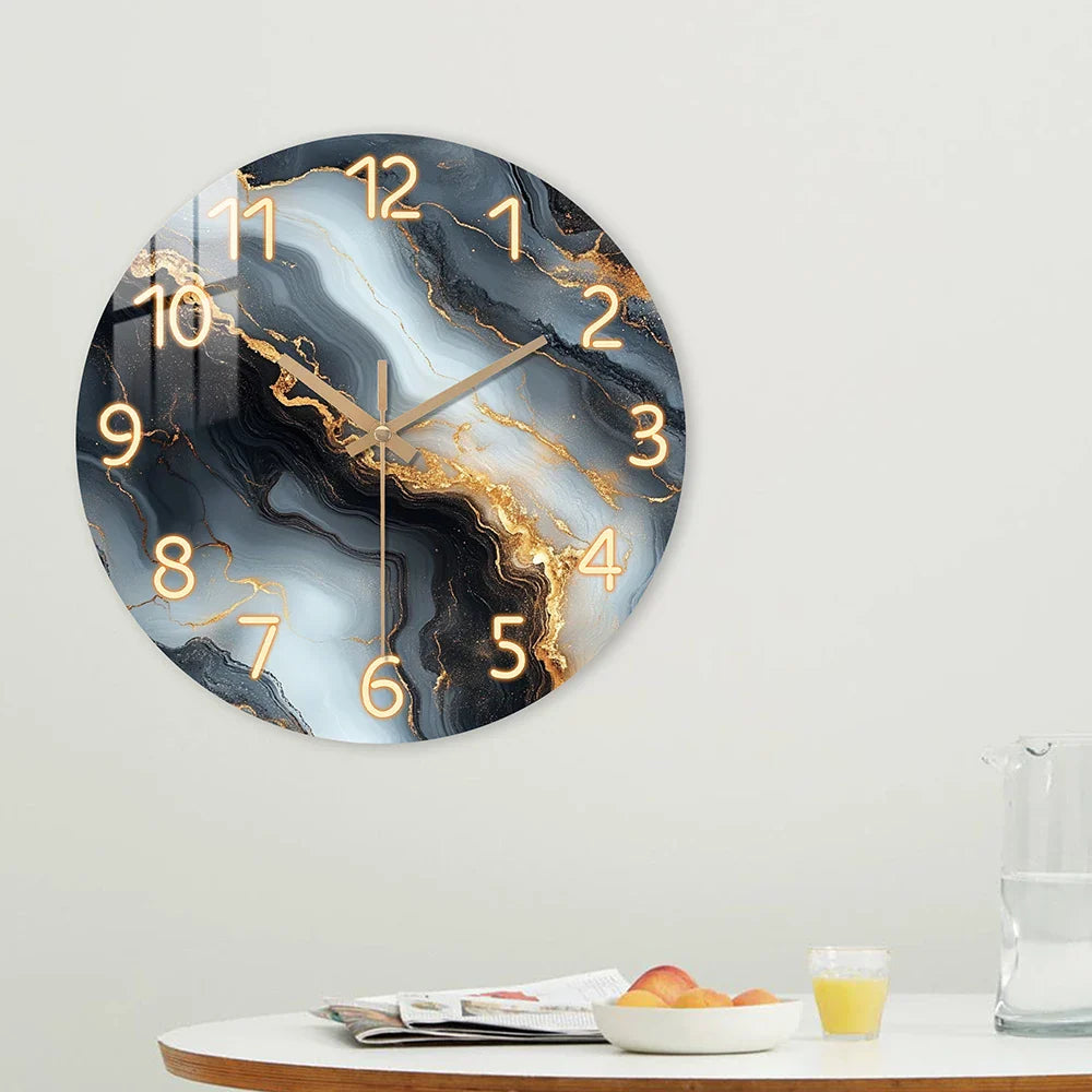 Blue & Gold Marble-Print Wall Clock with Silent Wooden Frame