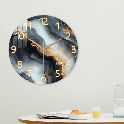 Blue & Gold Marble-Print Wall Clock with Silent Wooden Frame