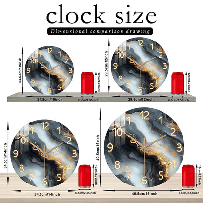 Blue & Gold Marble-Print Wall Clock with Silent Wooden Frame