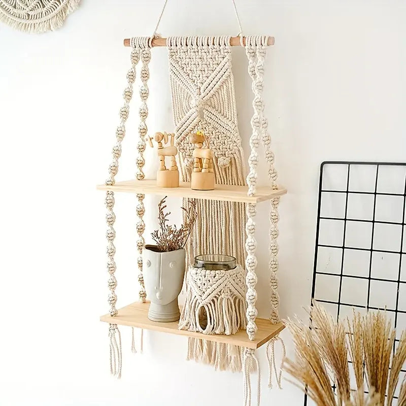 Bohemian 2-Tier Hanging Macrame Shelf - Woven Wall-Mounted Storage Rack