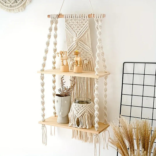 Bohemian 2-Tier Hanging Macrame Shelf - Woven Wall-Mounted Storage Rack