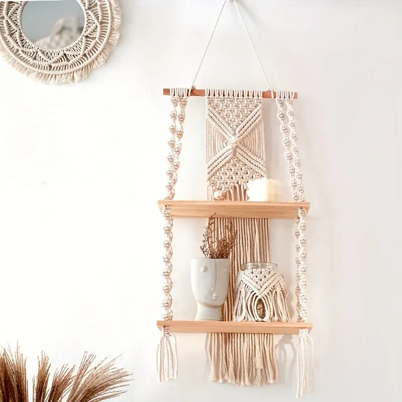 Bohemian 2-Tier Hanging Macrame Shelf - Woven Wall-Mounted Storage Rack
