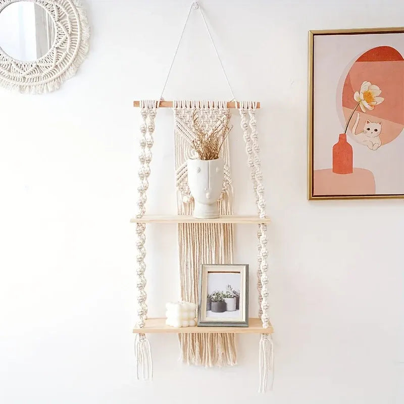 Bohemian 2-Tier Hanging Macrame Shelf - Woven Wall-Mounted Storage Rack