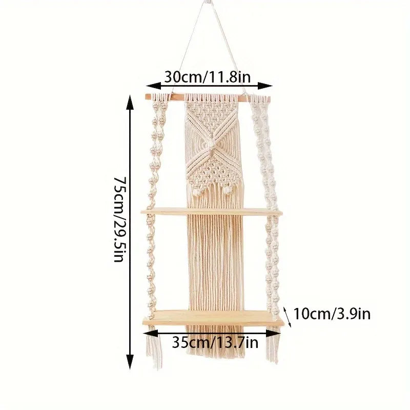 Bohemian 2-Tier Hanging Macrame Shelf - Woven Wall-Mounted Storage Rack