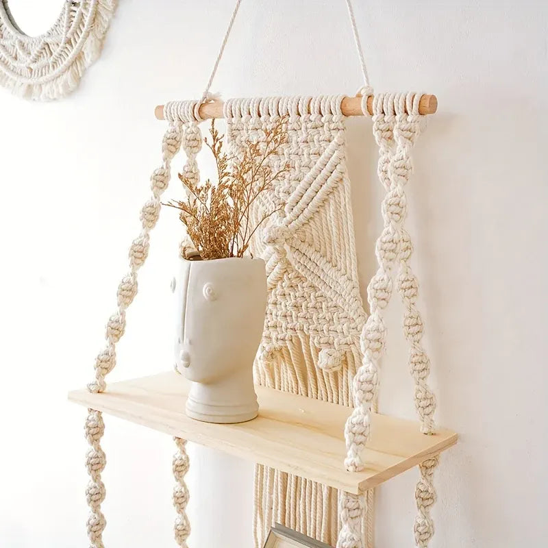 Bohemian 2-Tier Hanging Macrame Shelf - Woven Wall-Mounted Storage Rack
