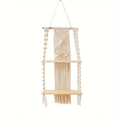 Bohemian 2-Tier Hanging Macrame Shelf - Woven Wall-Mounted Storage Rack