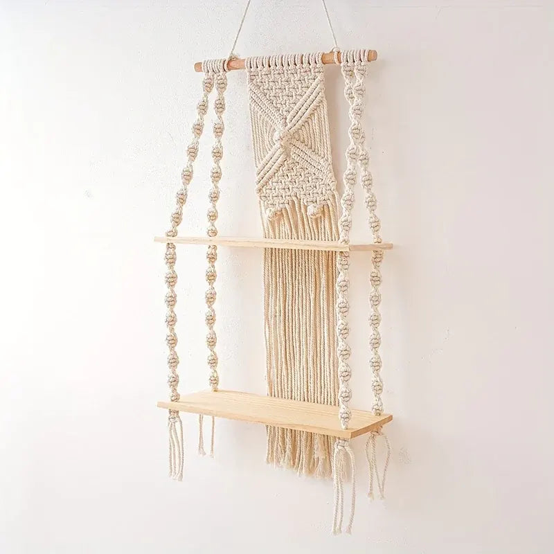 Bohemian 2-Tier Hanging Macrame Shelf - Woven Wall-Mounted Storage Rack