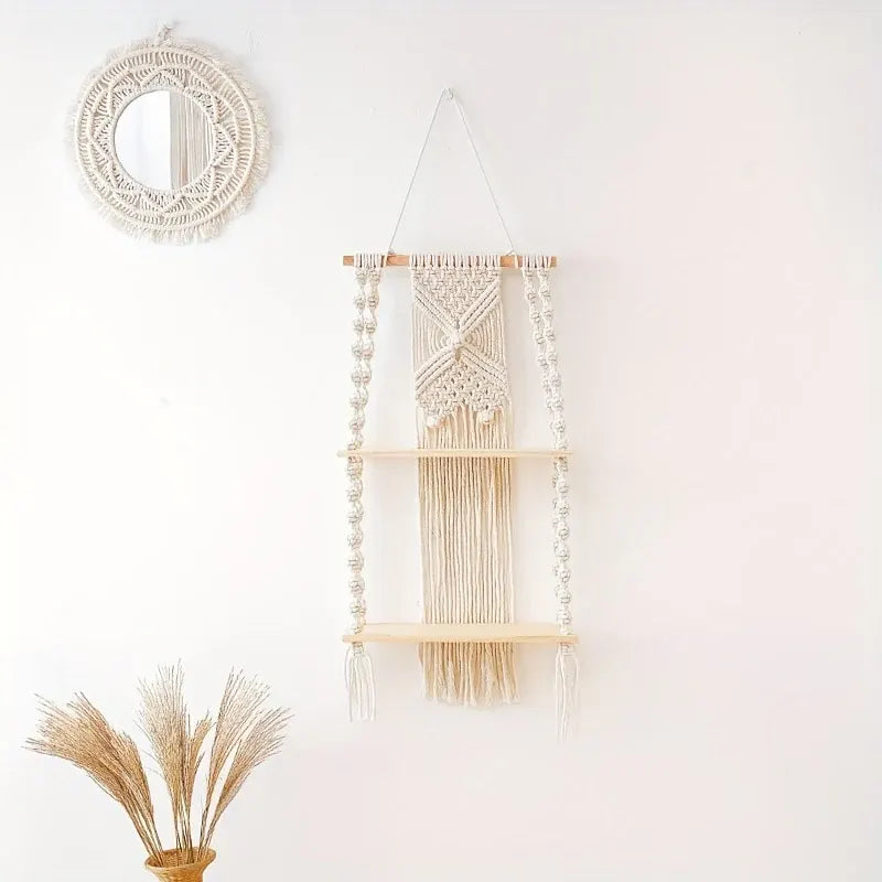 Bohemian 2-Tier Hanging Macrame Shelf - Woven Wall-Mounted Storage Rack