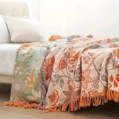 Boho Floral Fringe Cotton Throw Blanket