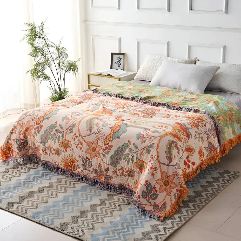 Boho Floral Fringe Cotton Throw Blanket