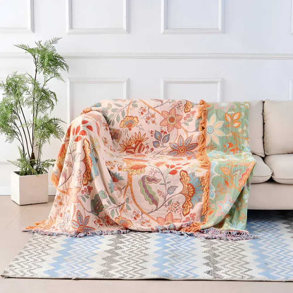 Boho Floral Fringe Cotton Throw Blanket