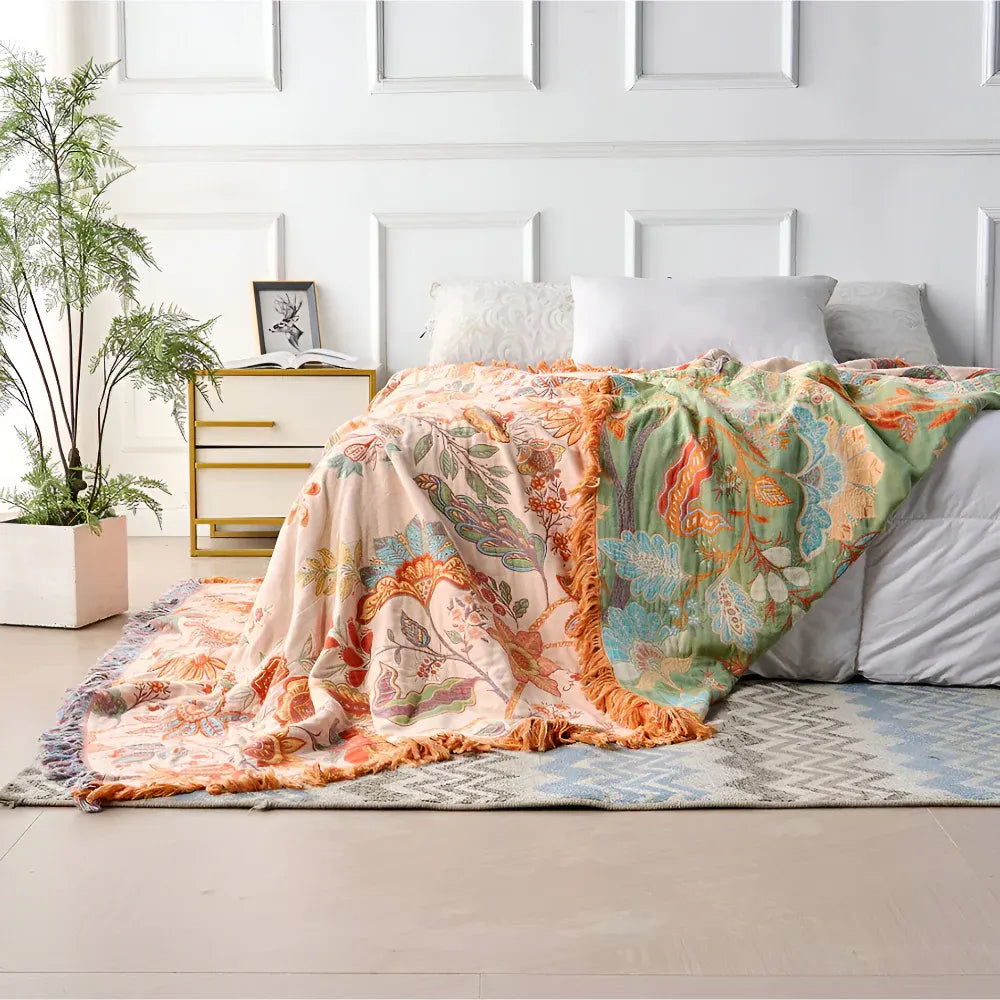 Boho Floral Fringe Cotton Throw Blanket
