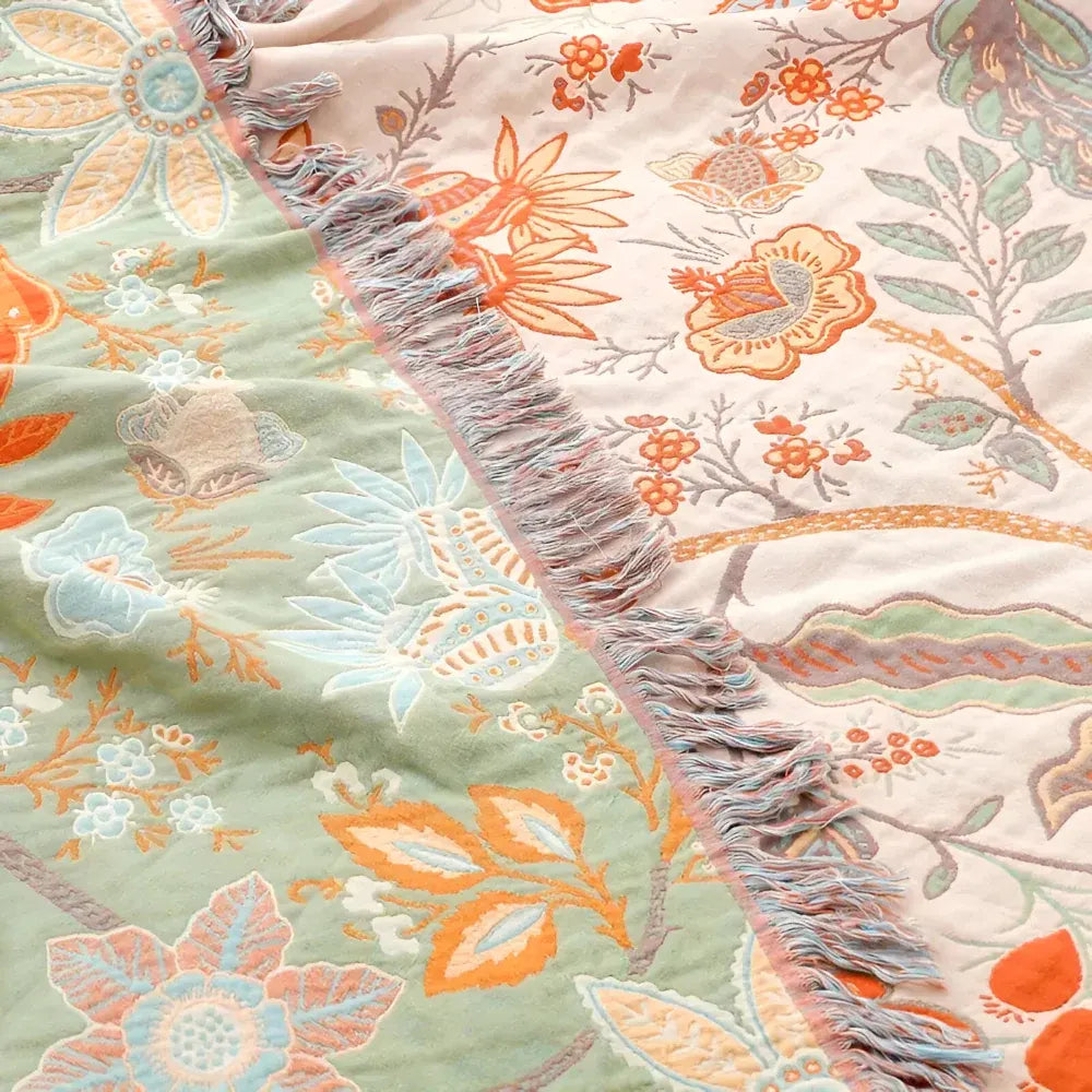 Boho Floral Fringe Cotton Throw Blanket