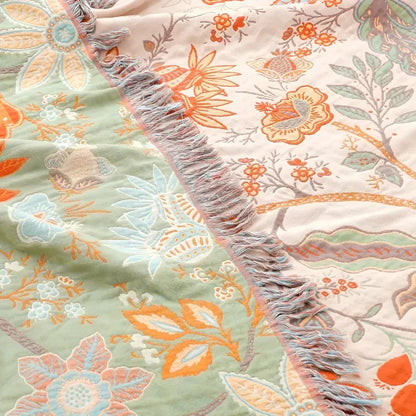 Boho Floral Fringe Cotton Throw Blanket