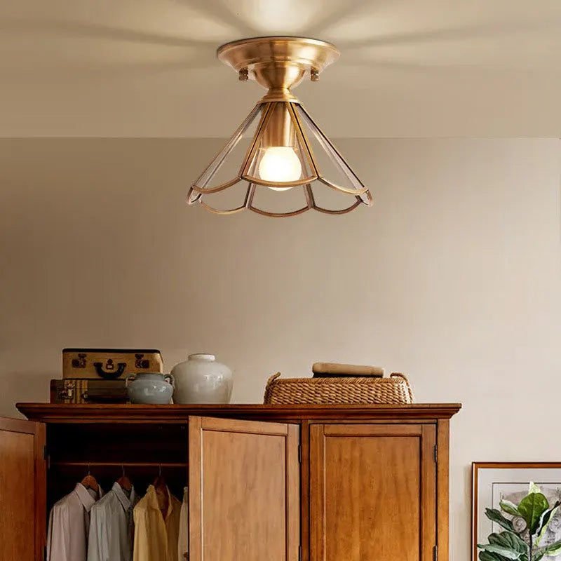 Brass Scalloped Metal Semi Flush Mount Ceiling Light with Single Bulb, Minimalist Design