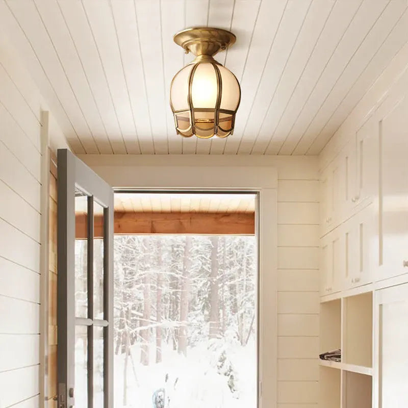Brass Scalloped Metal Semi Flush Mount Ceiling Light with Single Bulb, Minimalist Design