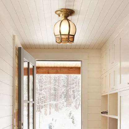 Brass Scalloped Metal Semi Flush Mount Ceiling Light with Single Bulb, Minimalist Design