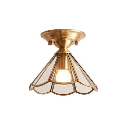 Brass Scalloped Metal Semi Flush Mount Ceiling Light with Single Bulb, Minimalist Design
