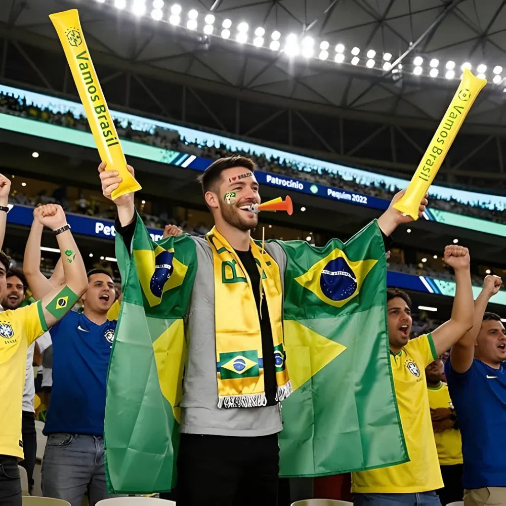 Brazil Fan Gear Set – Flag Cape, Scarf & Horn for Soccer Party