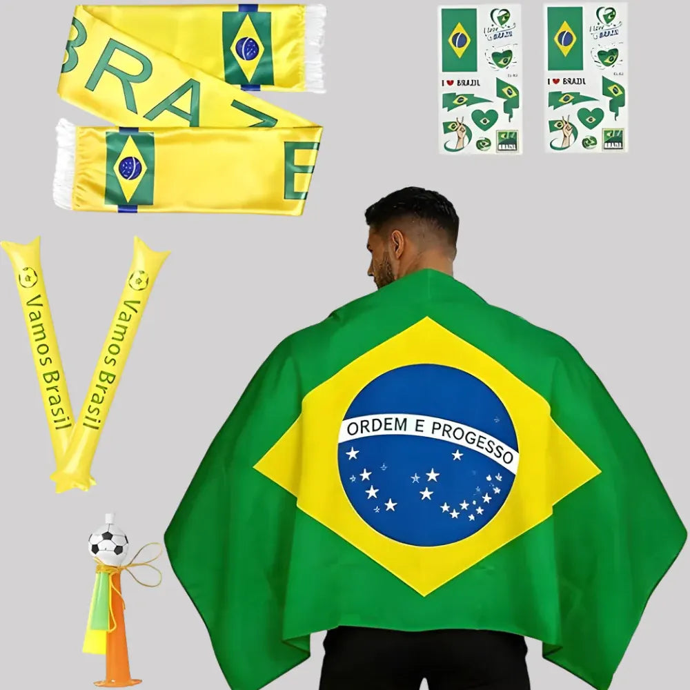 Brazil Fan Gear Set – Flag Cape, Scarf & Horn for Soccer Party