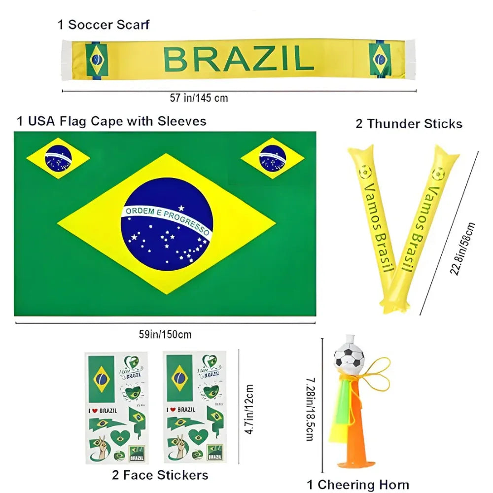 Brazil Fan Gear Set – Flag Cape, Scarf & Horn for Soccer Party