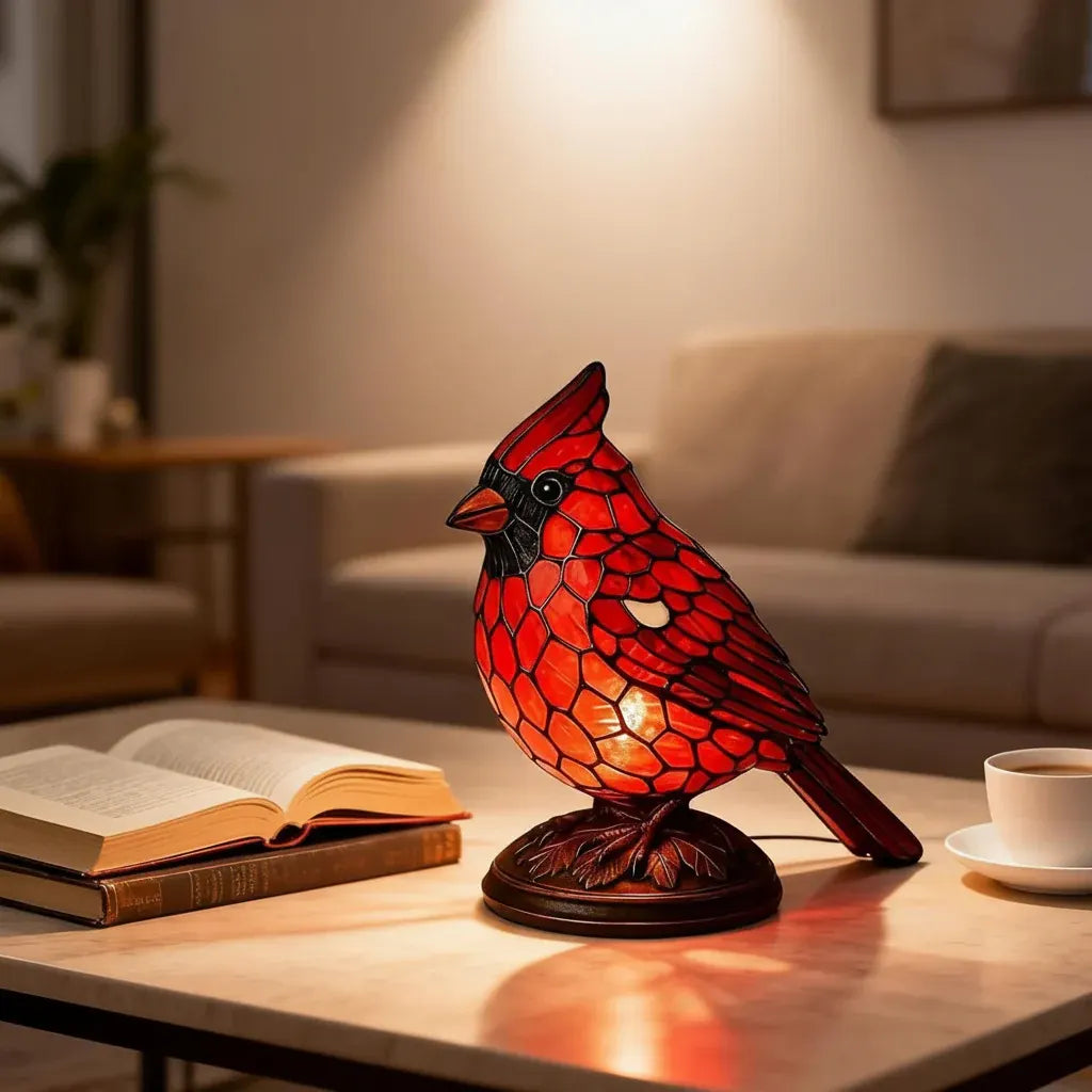 Cardinal Bird Art Glass Table Lamp with USB Powered Base Lighting