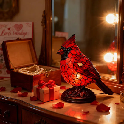 Cardinal Bird Art Glass Table Lamp with USB Powered Base Lighting