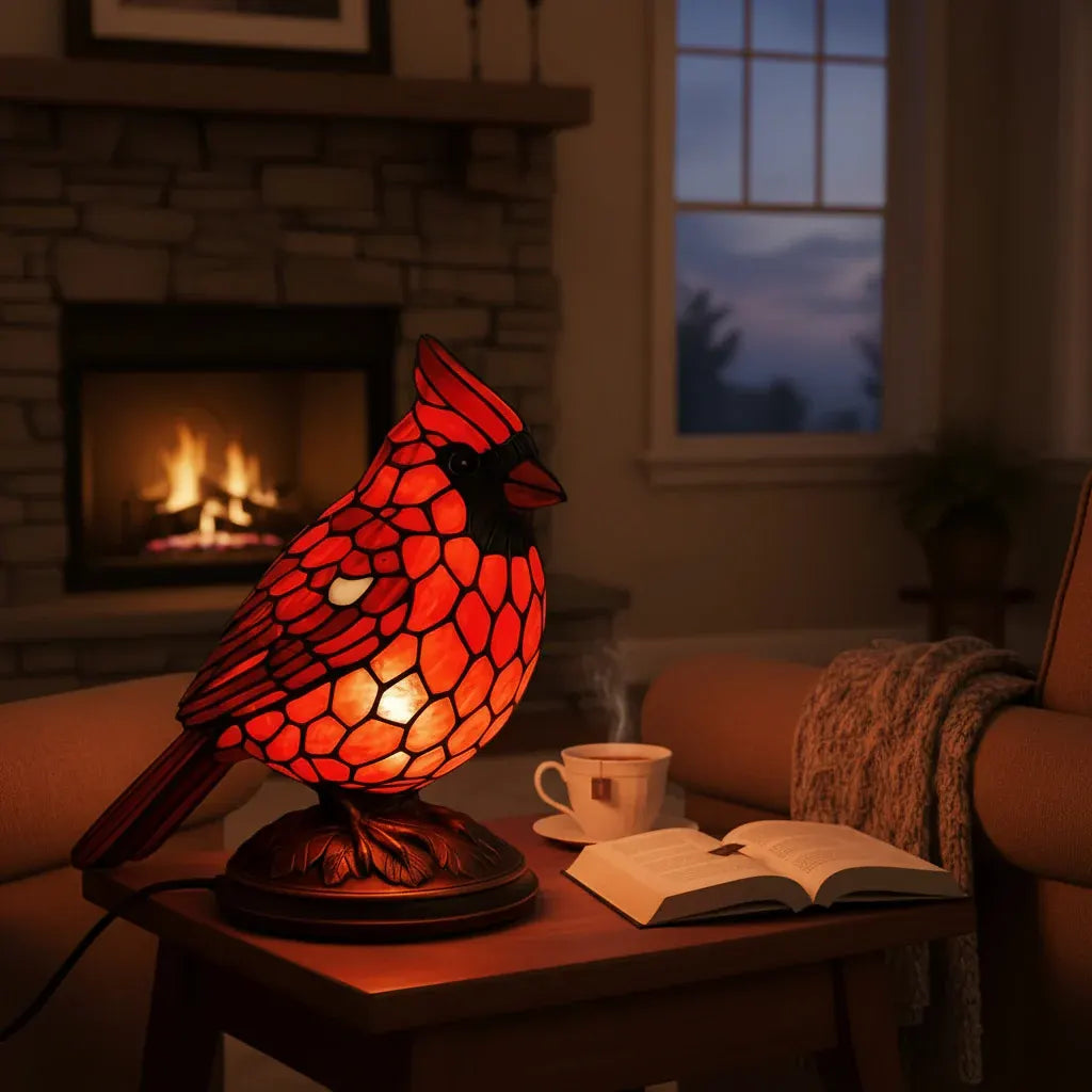 Cardinal Bird Art Glass Table Lamp with USB Powered Base Lighting