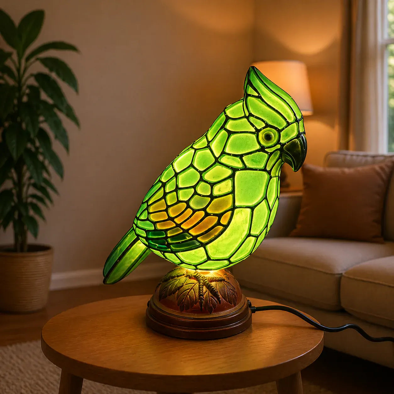Cardinal Bird Art Glass Table Lamp with USB Powered Base Lighting