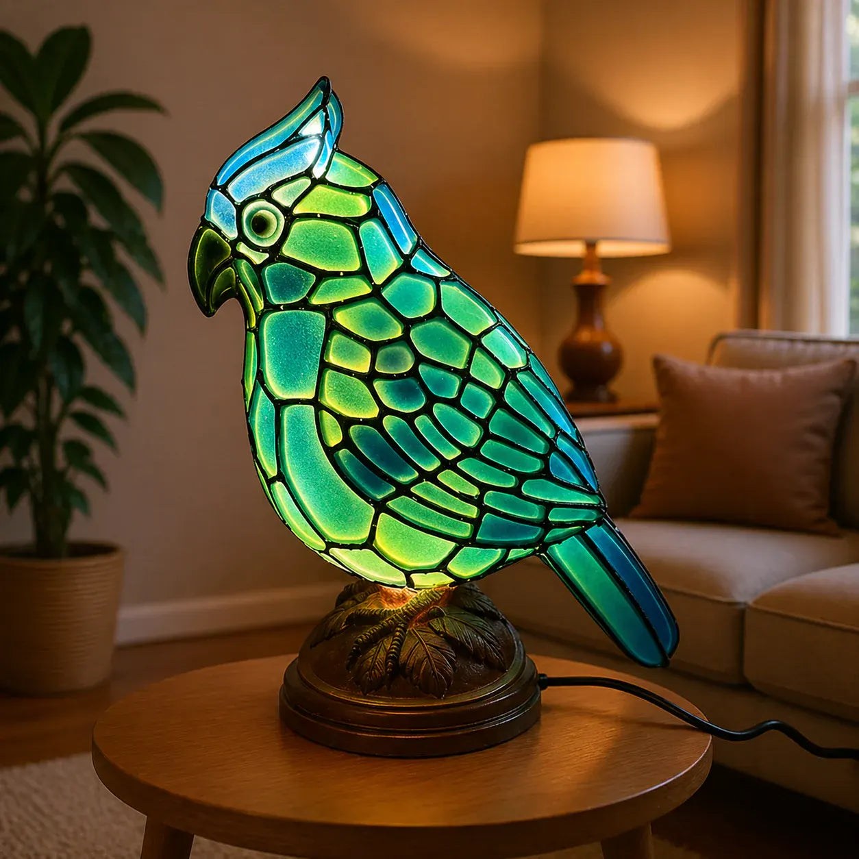 Cardinal Bird Art Glass Table Lamp with USB Powered Base Lighting