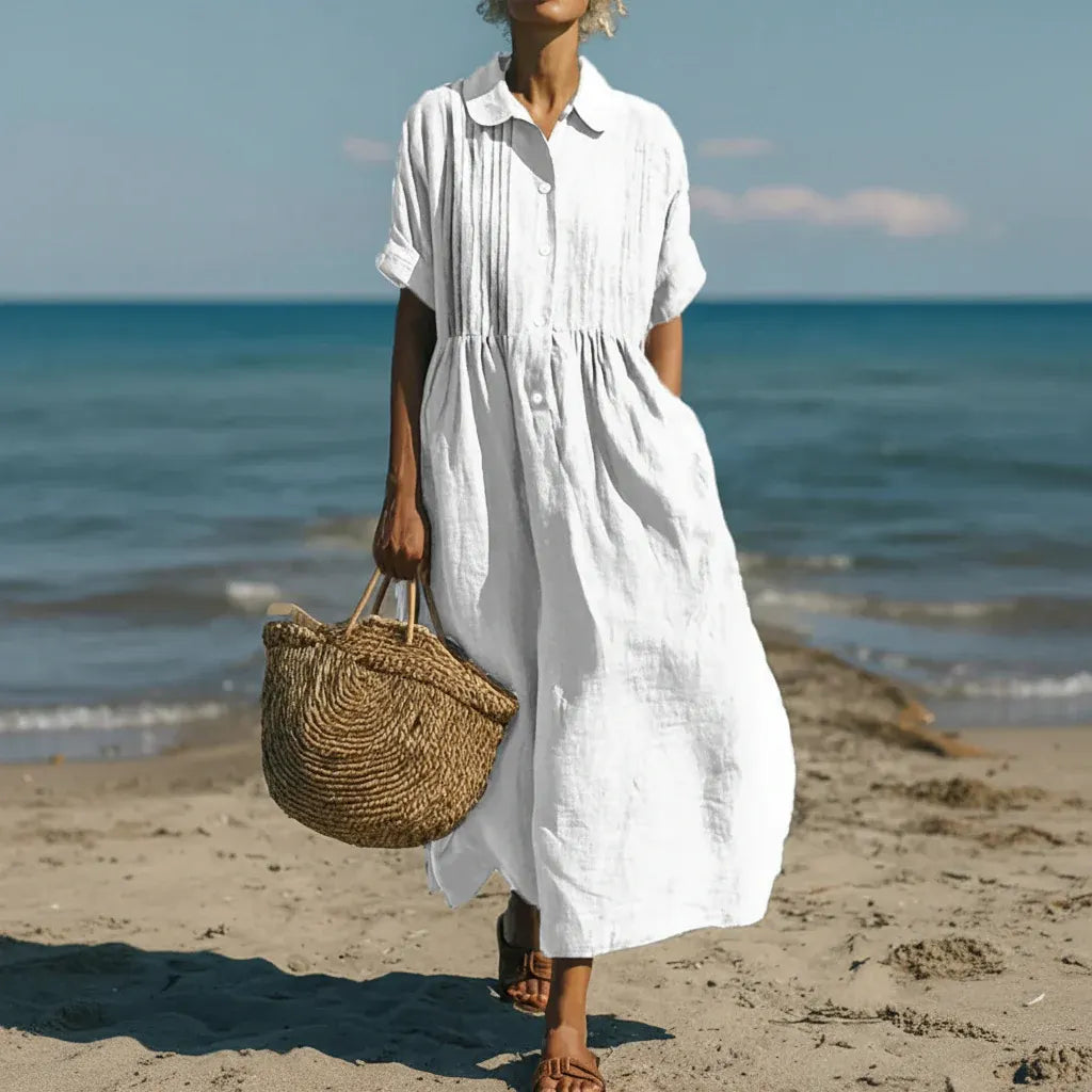 Casual Pintuck Shirt Dress for Women - Maxi/Midi Length